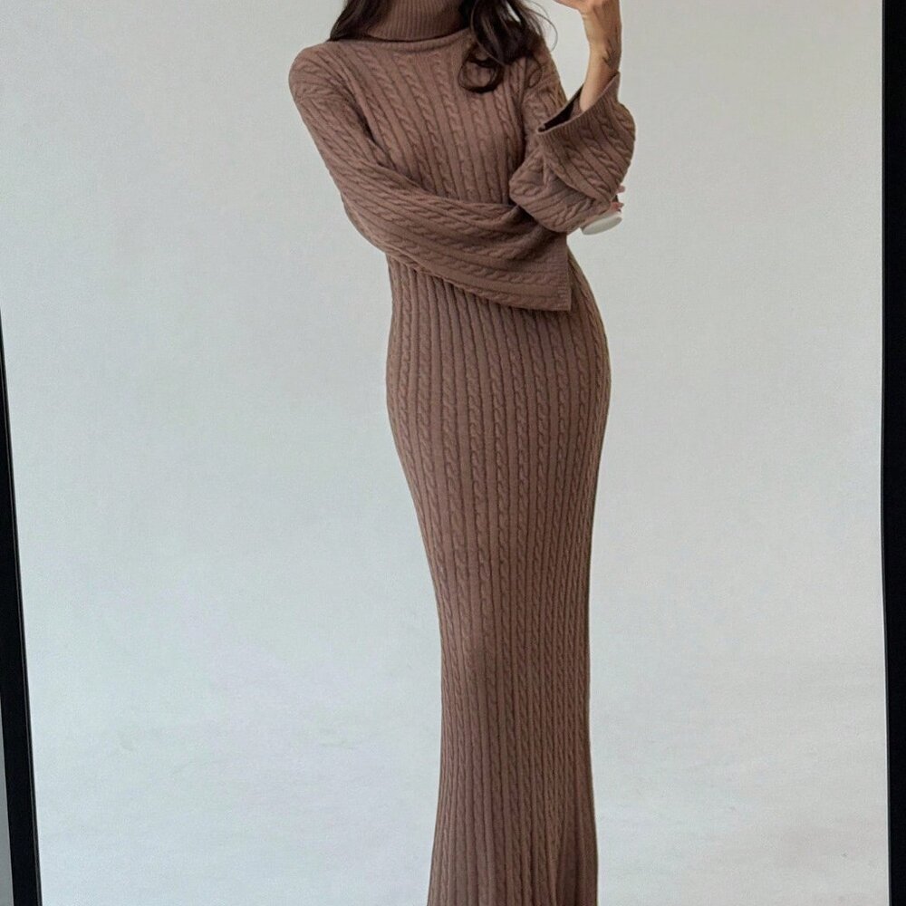 Coffee Brown Casual Women's Long Cable Knit Loose Fitted High Neck Sweater Dress - Picture 4 of 5
